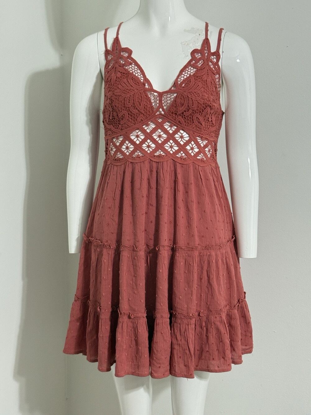 New In Women’s Boho Mini Dress Plunge Neck Crochet Lace Festival Peasant NWT S